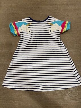 Mini Boden Navy & White Striped Unicorn Ruffle Sleeve Dress sz 4/5